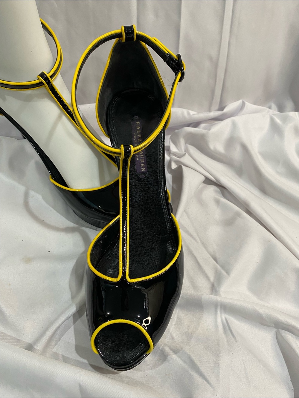 Ralph Lauren Black Patent Heels with Yellow Piping